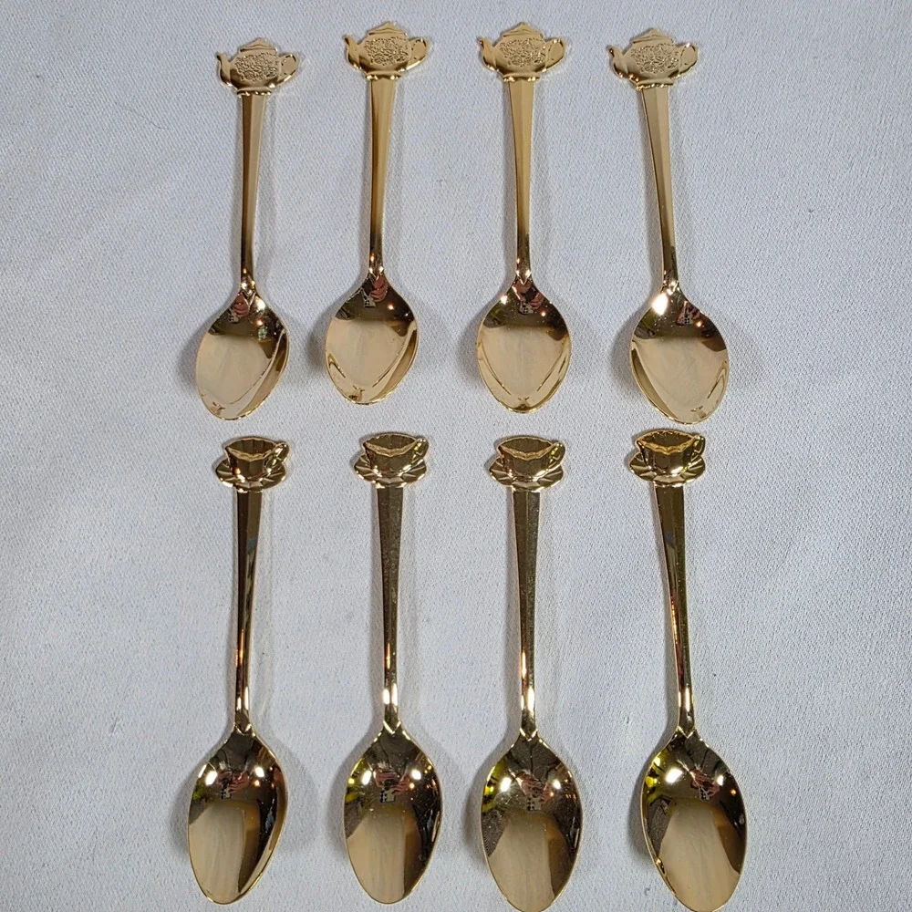 Vintage HIC Japan Gold-tone Stainless Teapot Teacup Demitasse Spoons Set of 8